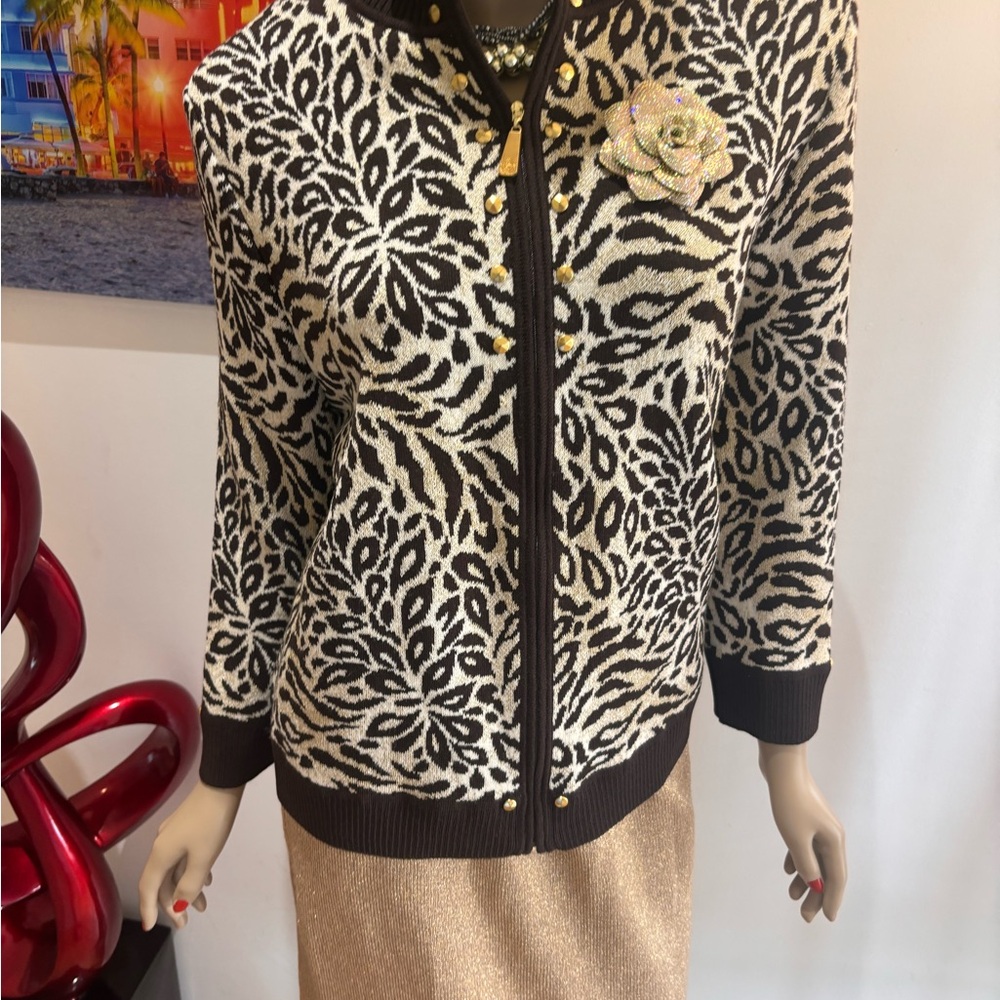 St. John metallic animal print skirt suit M 10 Knit Zip Jacket blazer set